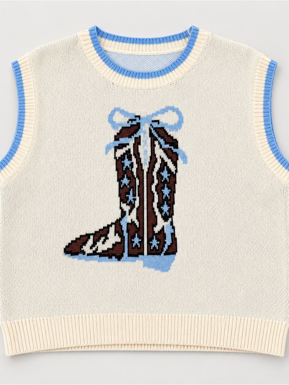 Luna Ivy Cowboy Boot Sweater Vest Cream Blue Western Knit Medium